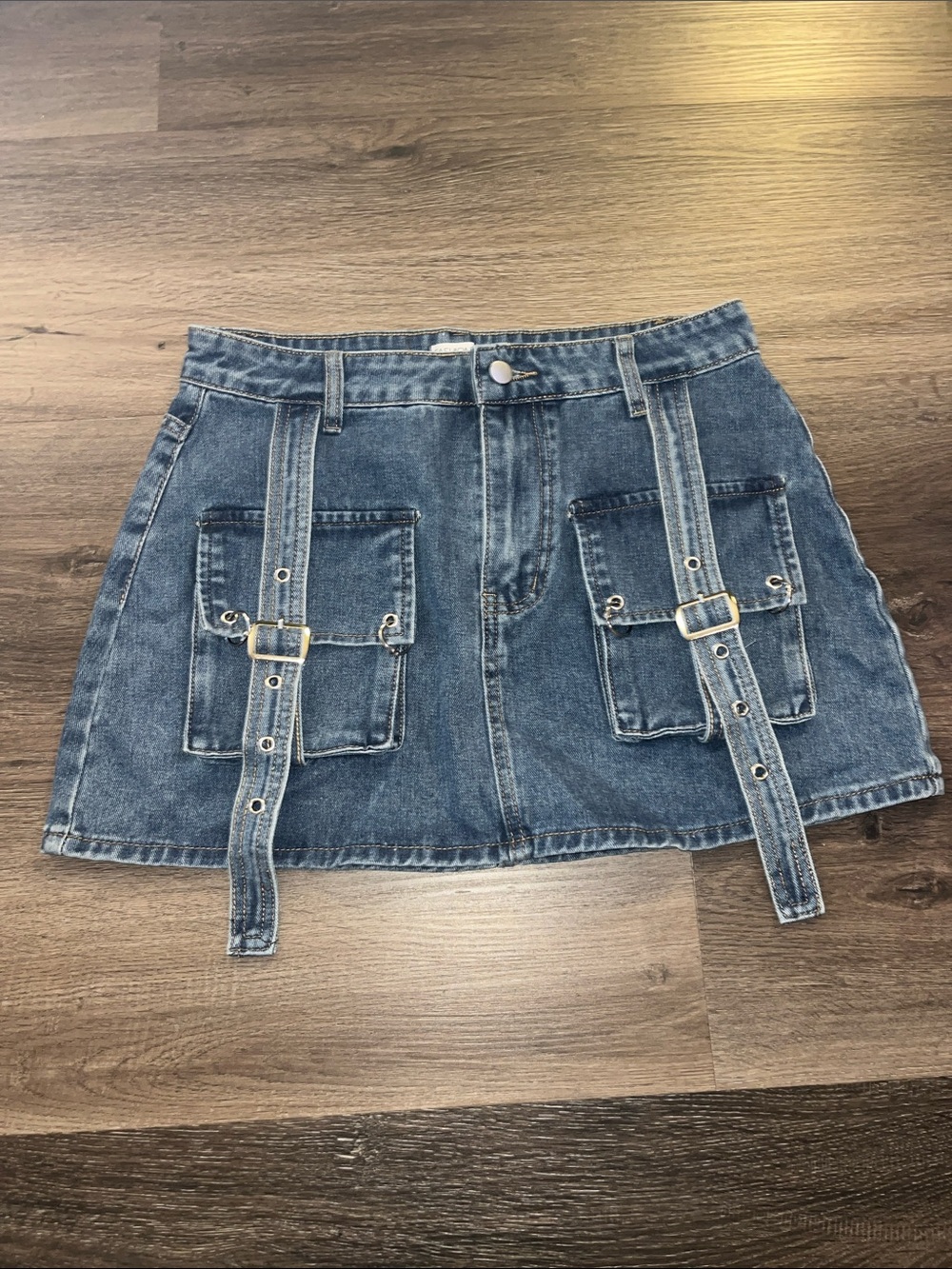 Denim Mini Skirt with Front Pocket Straps - Blue